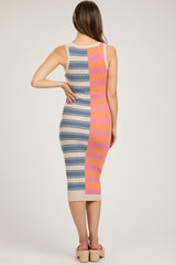 Blue Colorblock Striped Fitted Maternity Midi Dress