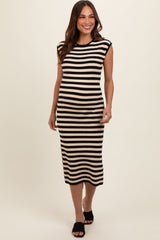 Black Striped Sleeveless Maternity Midi Dress