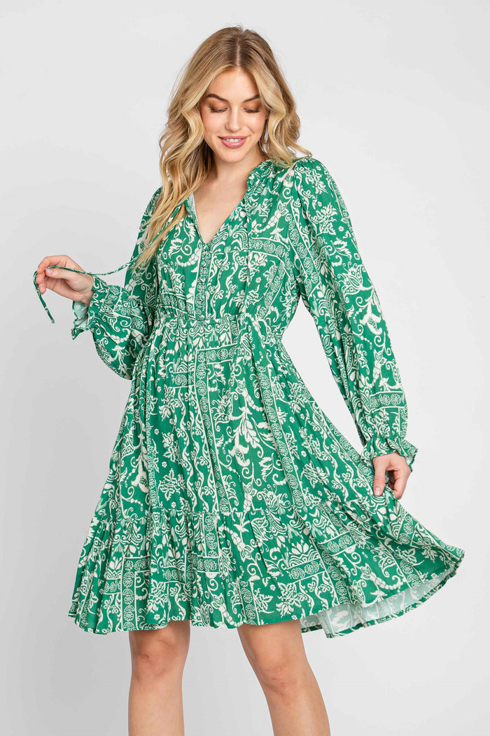 Green Paisley Floral Ruffle Neck Button Front Maternity Dress