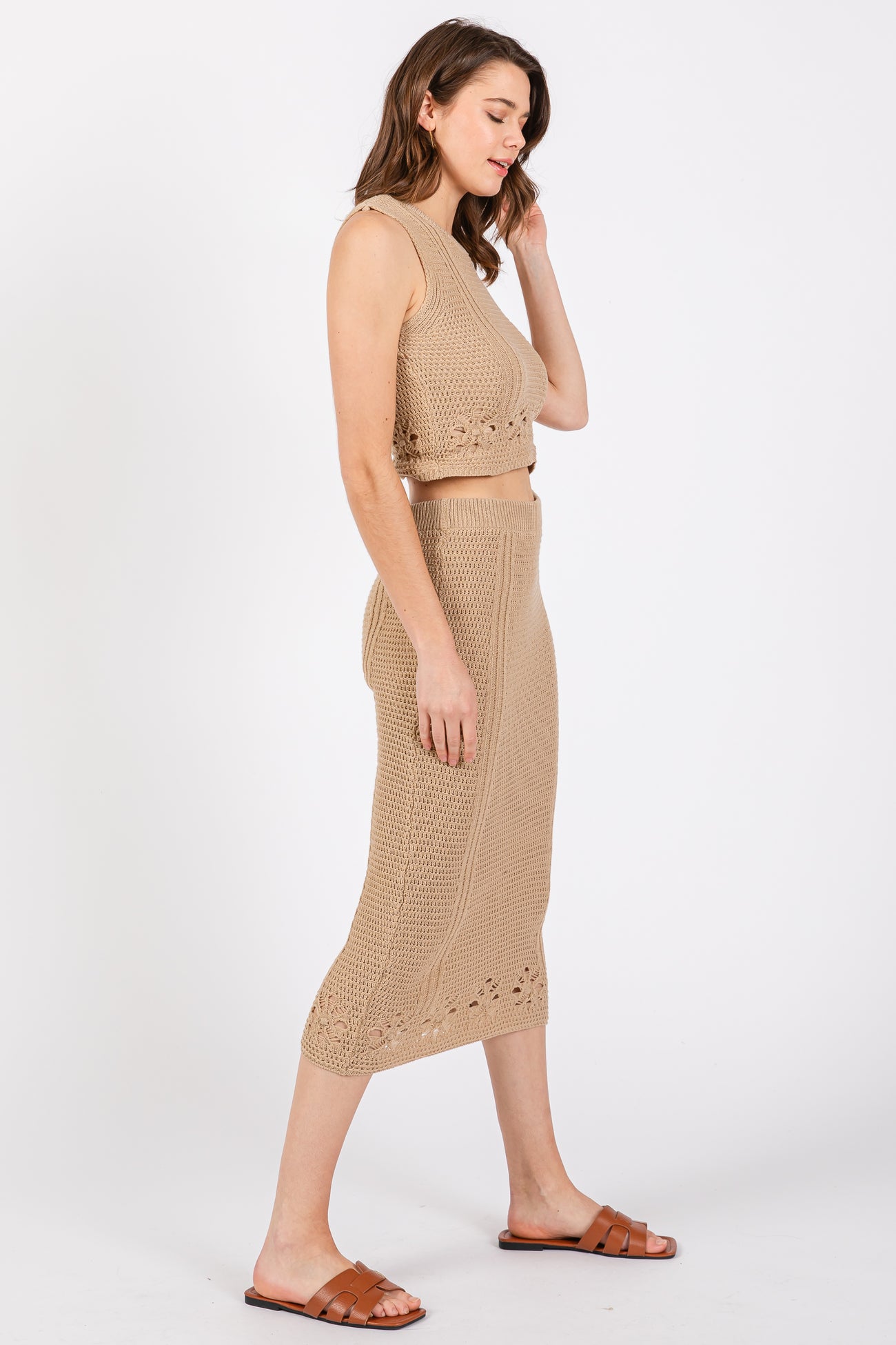 Taupe Crochet Swimsuit Coverup Top and Skirt Set