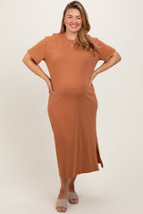 Camel Short Sleeve Side Slit Maternity Plus T-Shirt Midi Dress