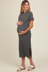 Black Striped Short Sleeve Maternity T-Shirt Midi Dress