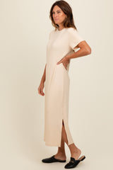 Cream Short Sleeve Side Slit T-Shirt Midi Dress