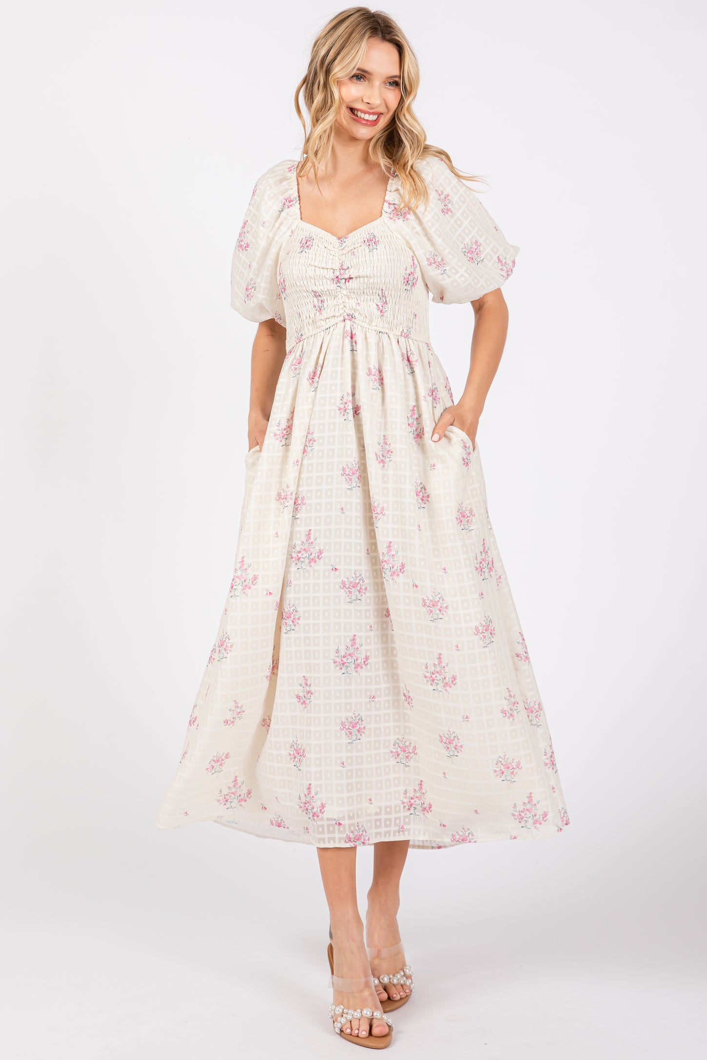 Pink Floral Textured Dot Smocked Sweetheart Neck Maternity Midi Dress
