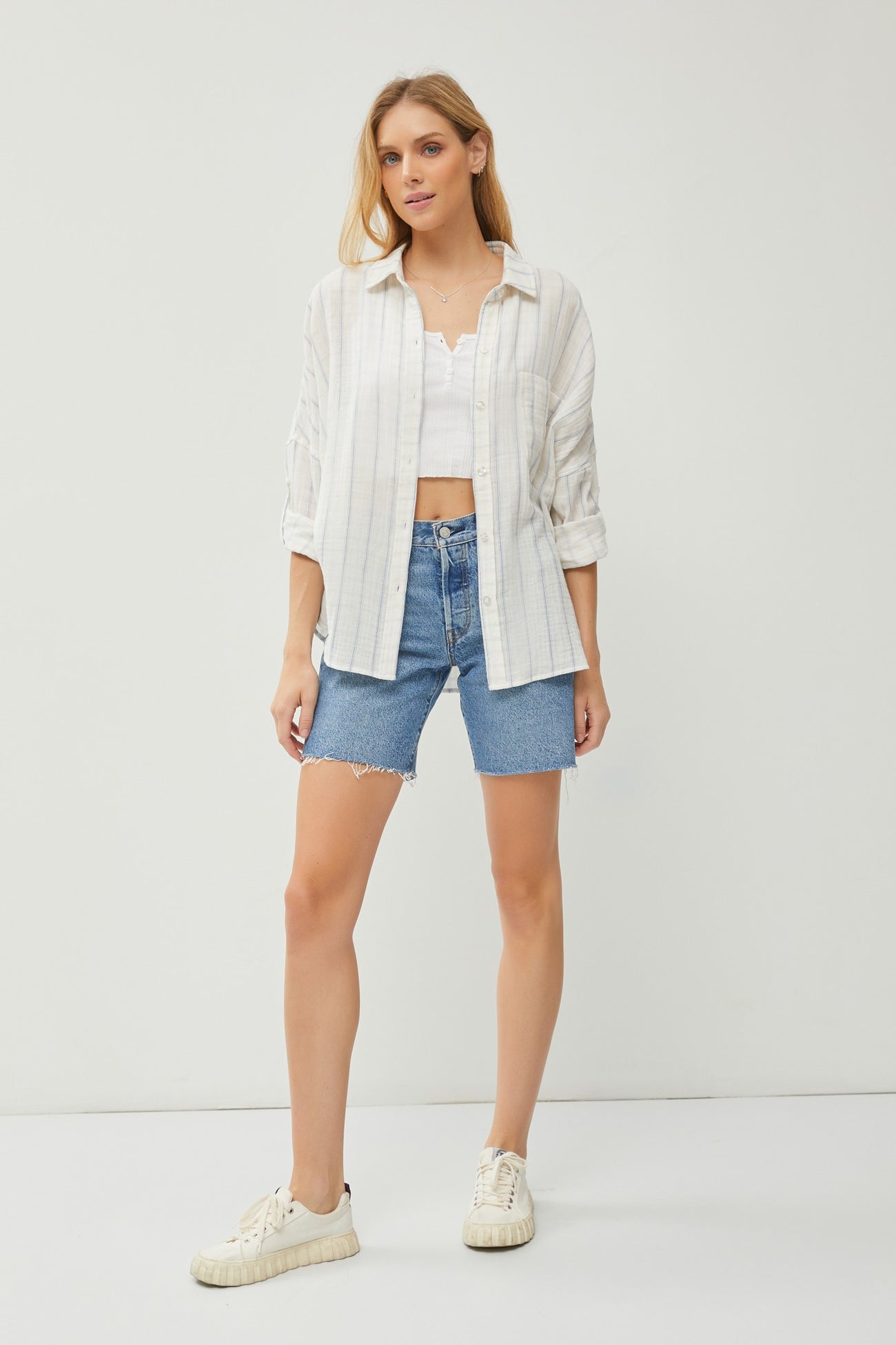 Ivory Striped Gauze Button Down Top