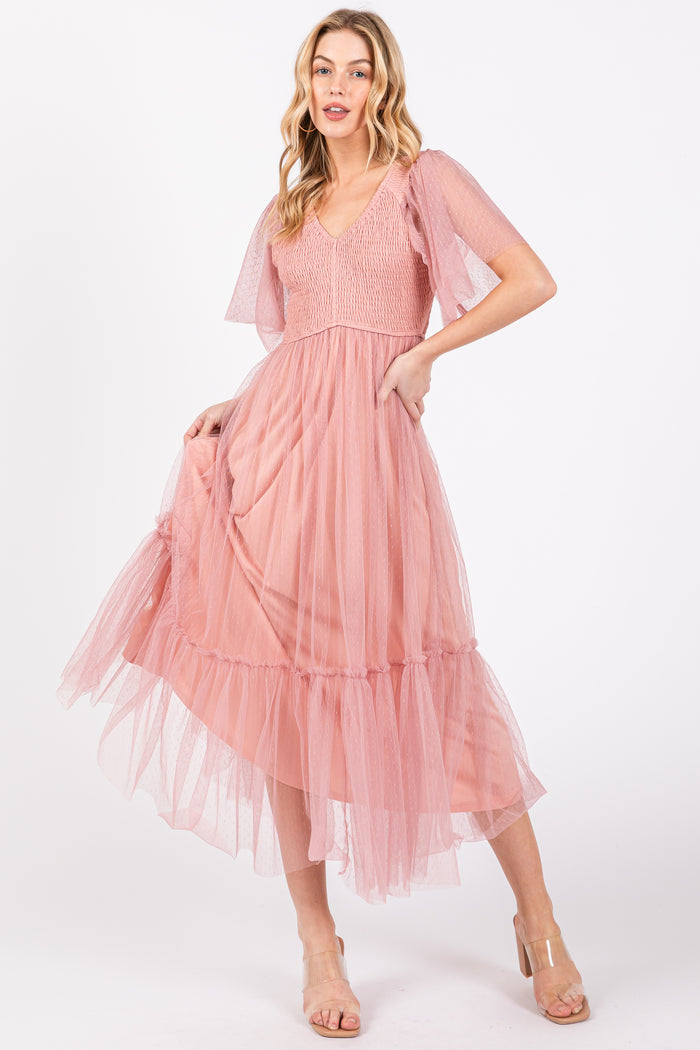 Mauve Dotted Tulle Smocked Maternity Midi Dress