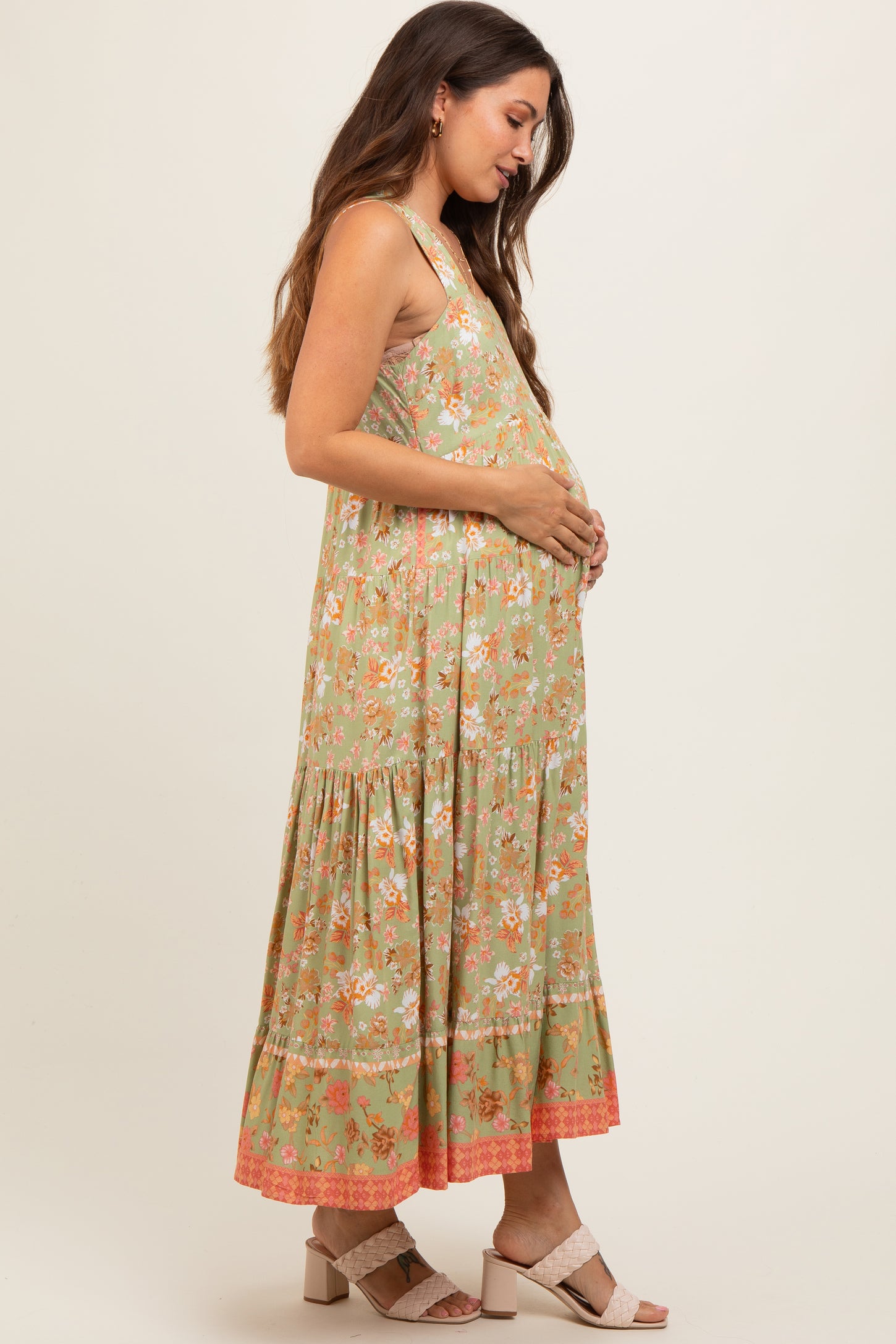 Light Olive Floral Sleeveless Tiered Maternity Midi Dress