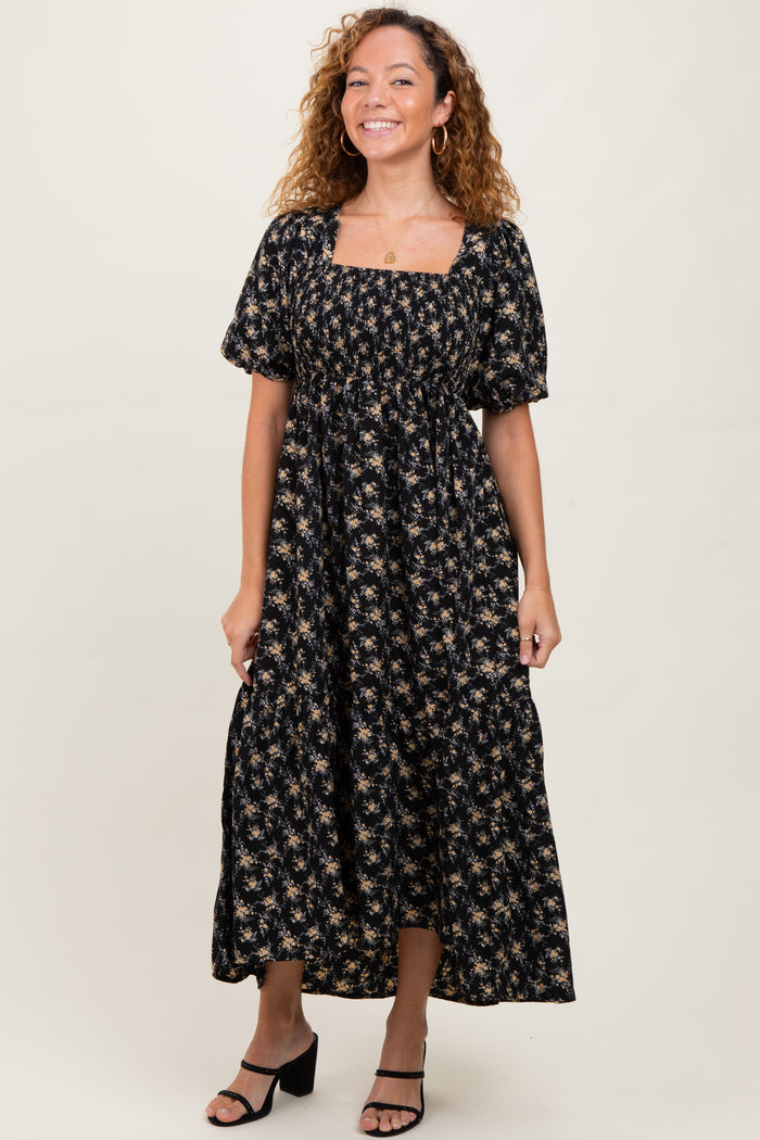 Black Floral Smocked Square Neck Short Puff Sleeve Maternity Midi Dress
