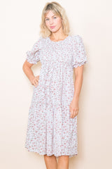 Cream Floral Smocked Midi Dress