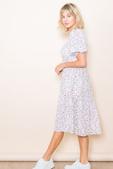 Cream Floral Smocked Midi Dress