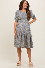 Blue Floral Smocked Maternity Midi Dress