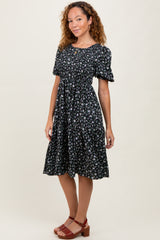 Black Floral Smocked Midi Dress