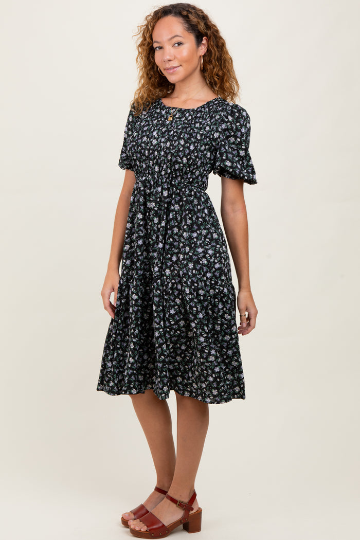 Black Floral Smocked Midi Dress