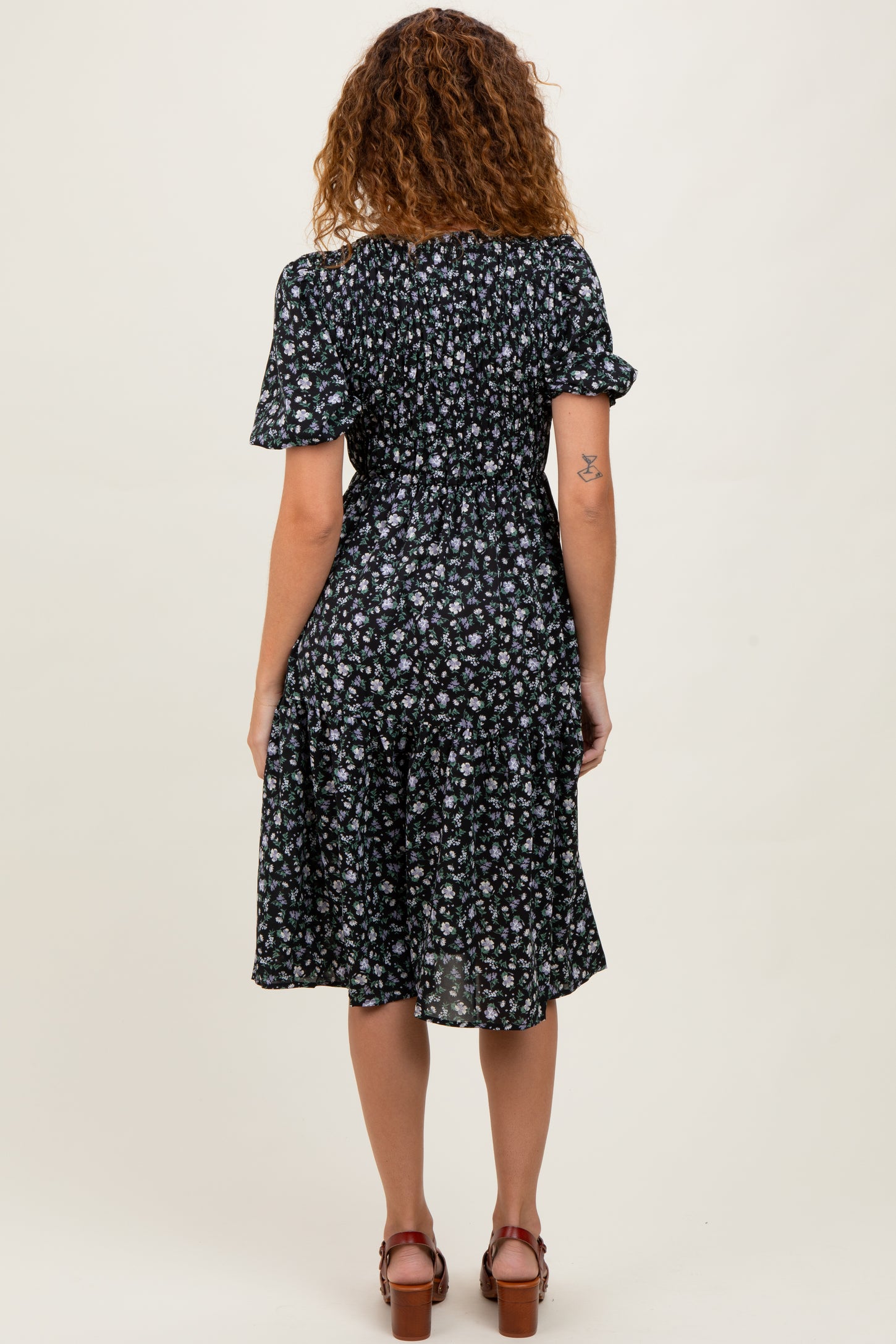 Black Floral Smocked Midi Dress