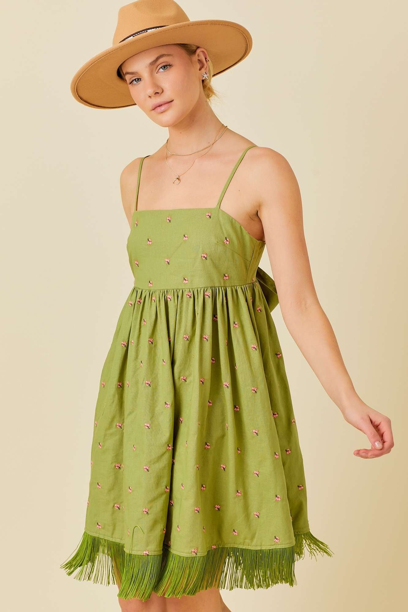 Green Floral Embroidered Back Cutout Tassel Fringe Maternity Dress