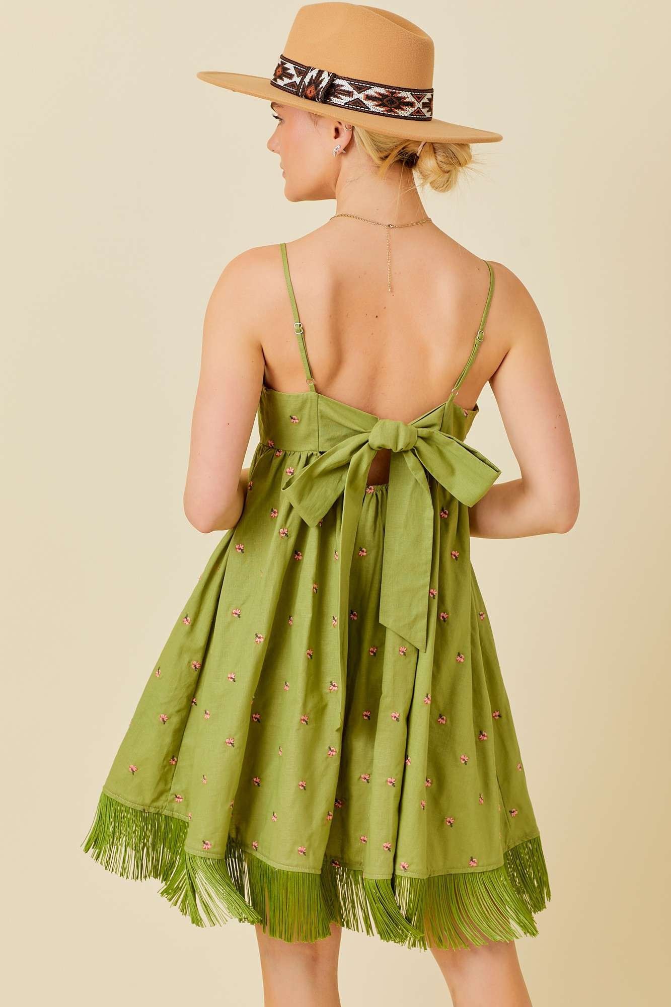 Green Floral Embroidered Back Cutout Tassel Fringe Dress