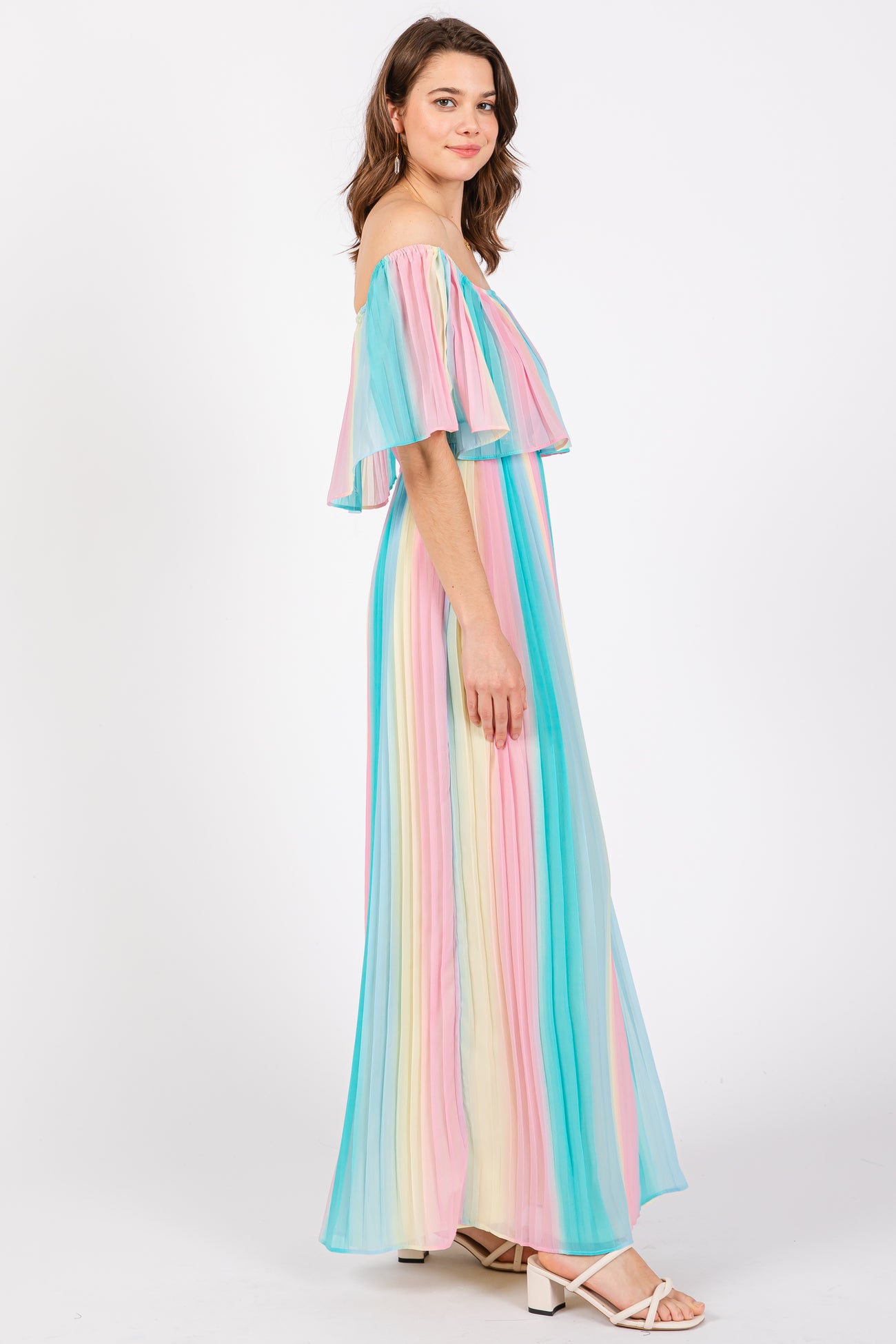 Multicolor Pleated Off Shoulder Maxi Dress