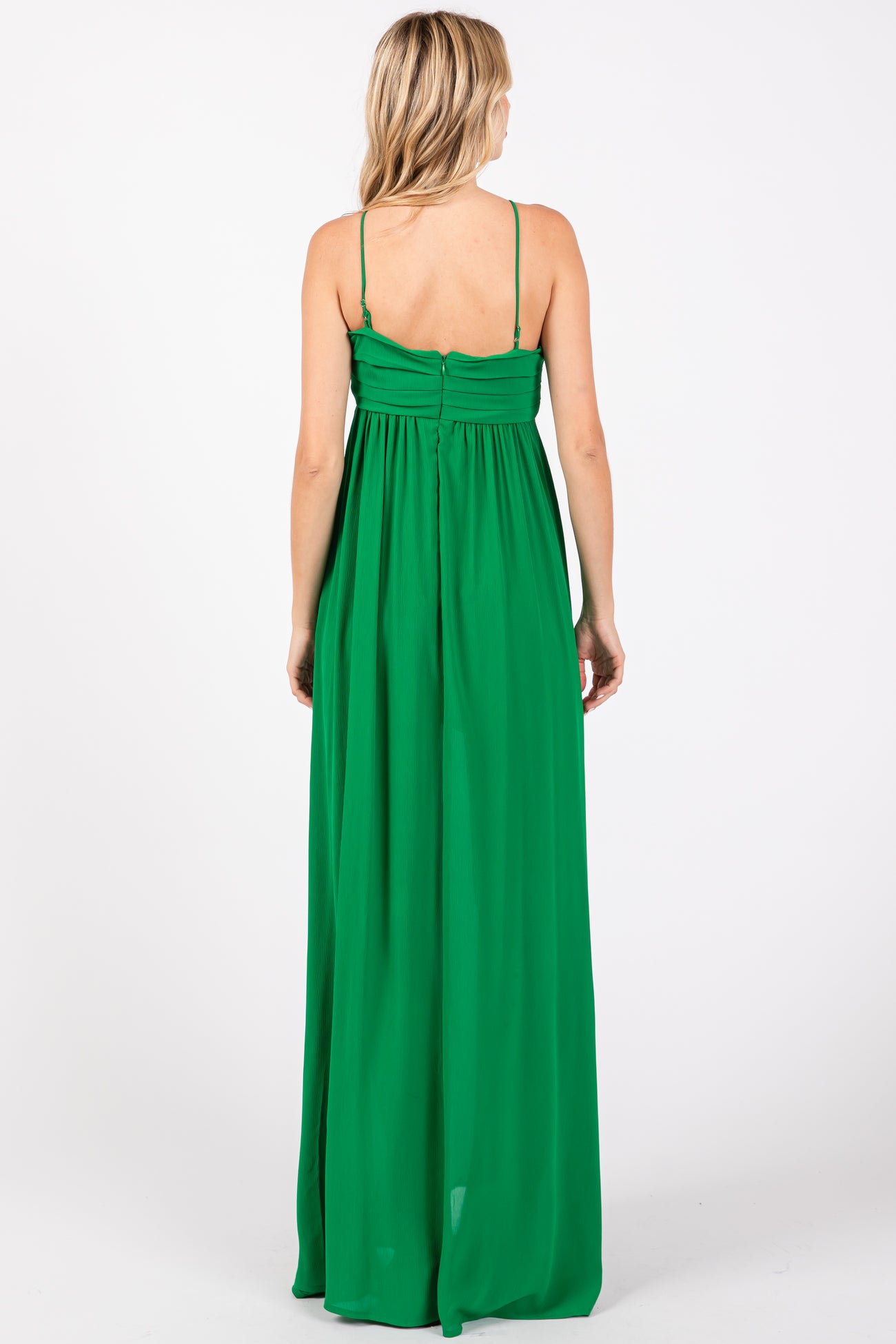Green Pleated Front Tie Side Slit Maxi Dress