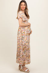 White Floral V-Neck Ruffle Maternity Maxi Dress