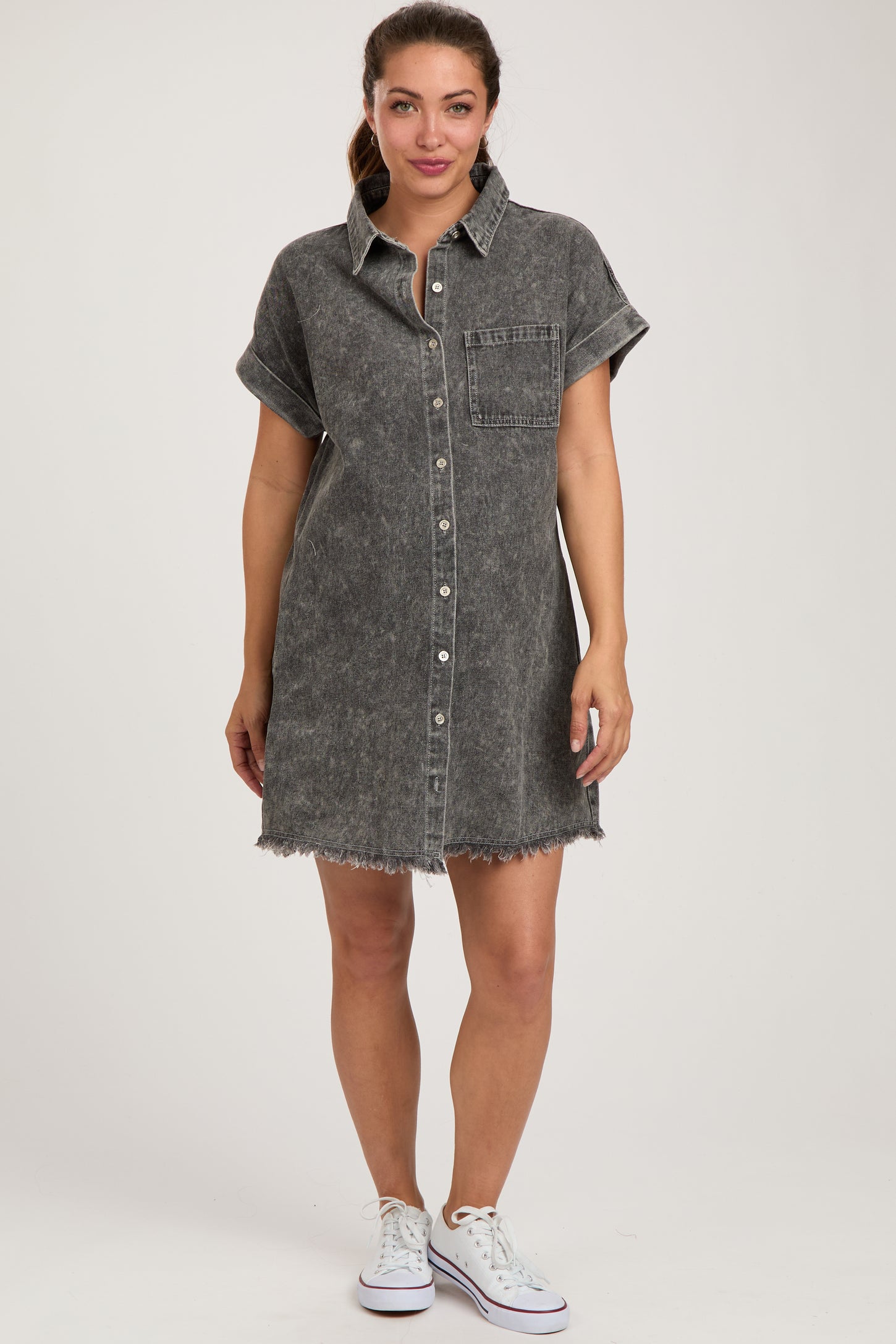 Black Denim Button Up Maternity Dress