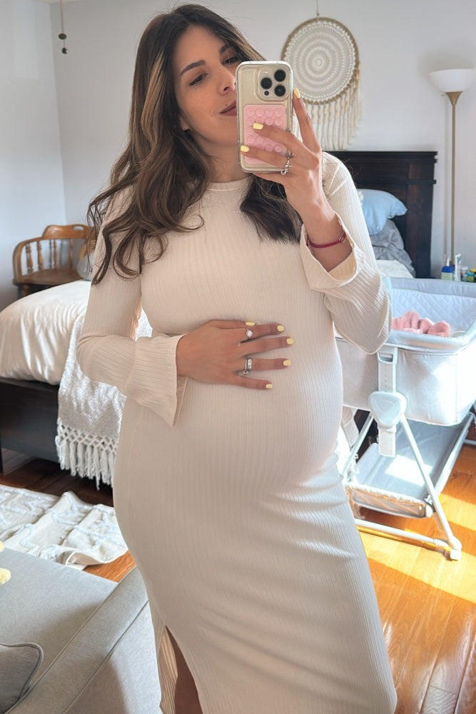 Cream Ribbed Side Slit Maternity Maxi Dress