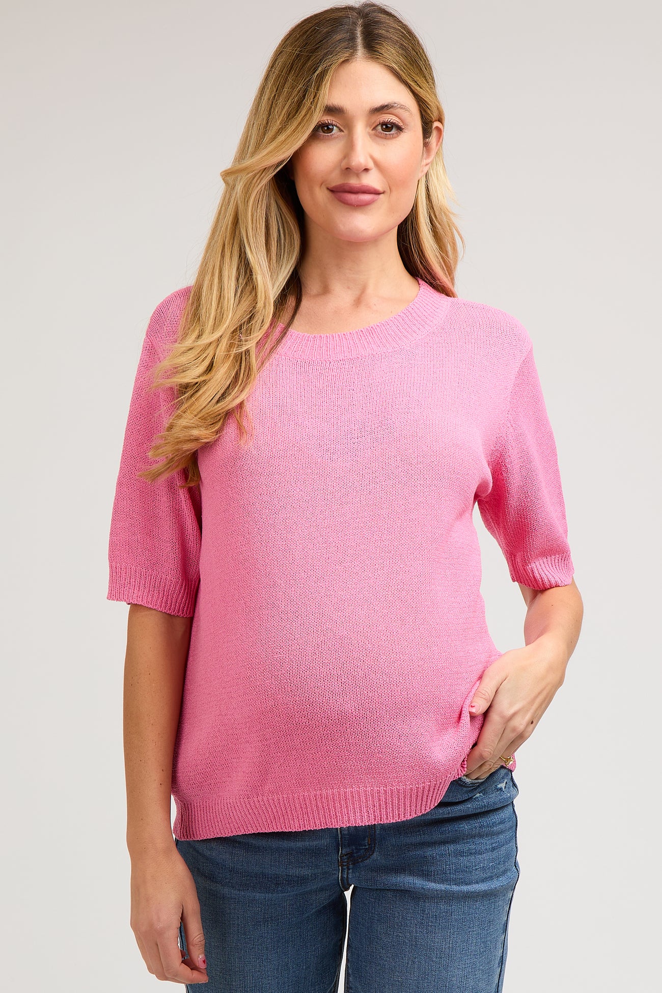 Pink Knit Short Sleeve Maternity Top