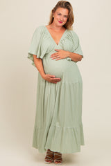 Light Olive Flounce Sleeve Tiered Maternity Plus Dress