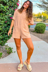 Almond Ribbed Button Down Romper