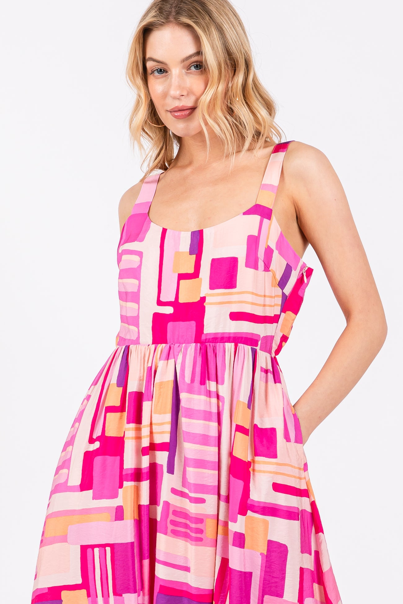 Fuchsia Geo Printed Cut Out Back Detail Midi Dress