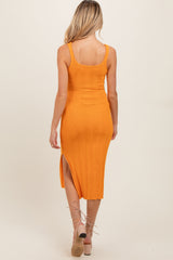 Orange Rib Knit Side Slit Maternity Maxi Dress