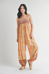 Yellow Floral Border Print Smocked Shoulder Tie Jumpsuit