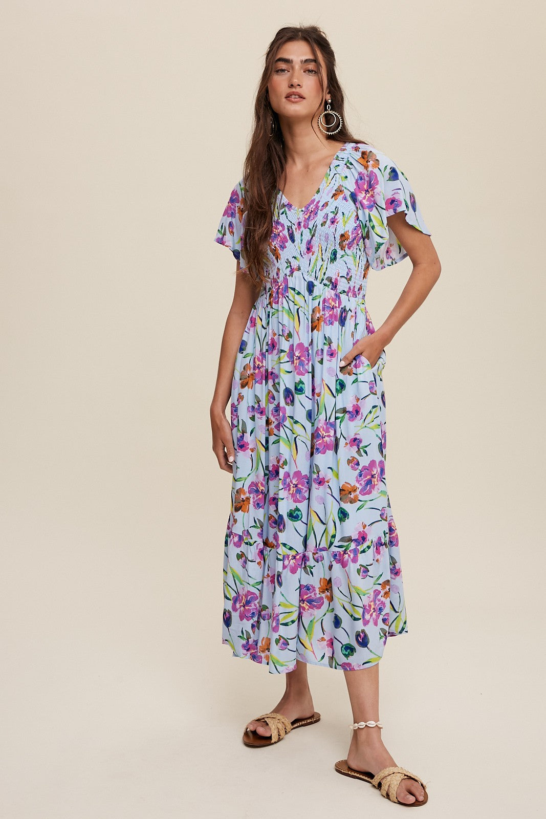 Light Blue Floral Flutter Sleeve Smocked Midi Dress