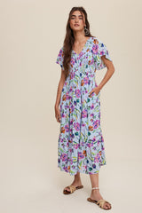 Light Blue Floral Flutter Sleeve Smocked Midi Dress