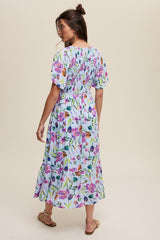 Light Blue Floral Flutter Sleeve Smocked Midi Dress
