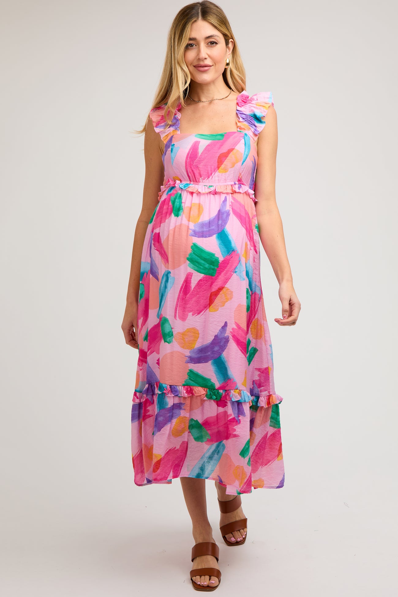 Pink Watercolor Print Ruffle Accent Maternity Midi Dress