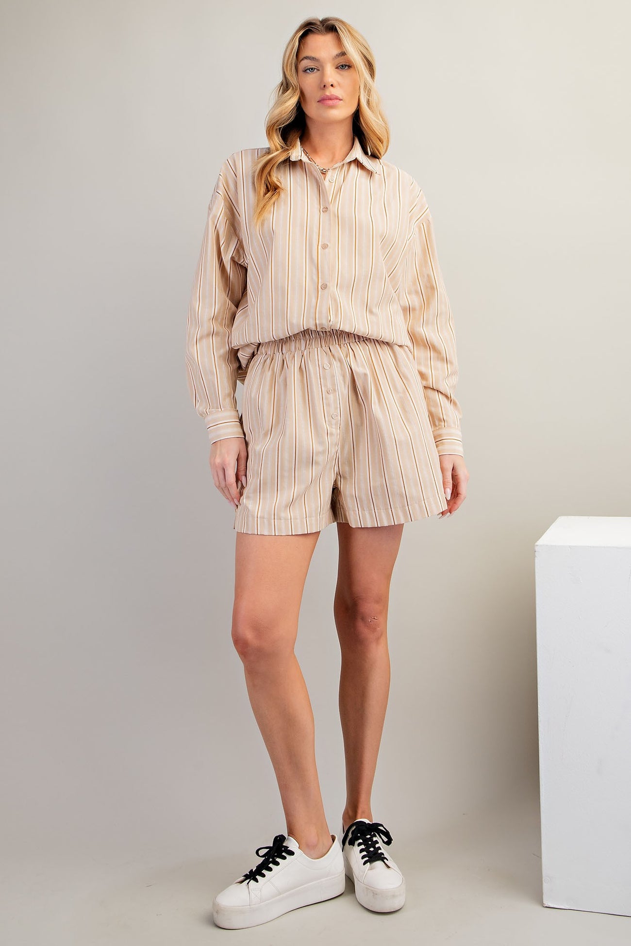 Beige Striped Button Accent Shorts