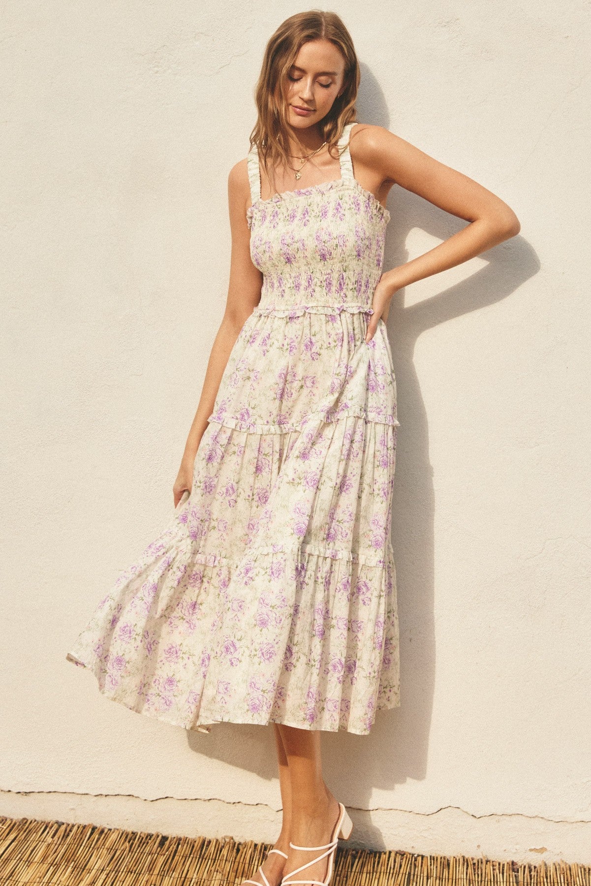Lavender Floral Smocked Square Neck Ruffle Tiered Maternity Midi Dress