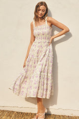 Lavender Floral Smocked Square Neck Ruffle Tiered Maternity Midi Dress