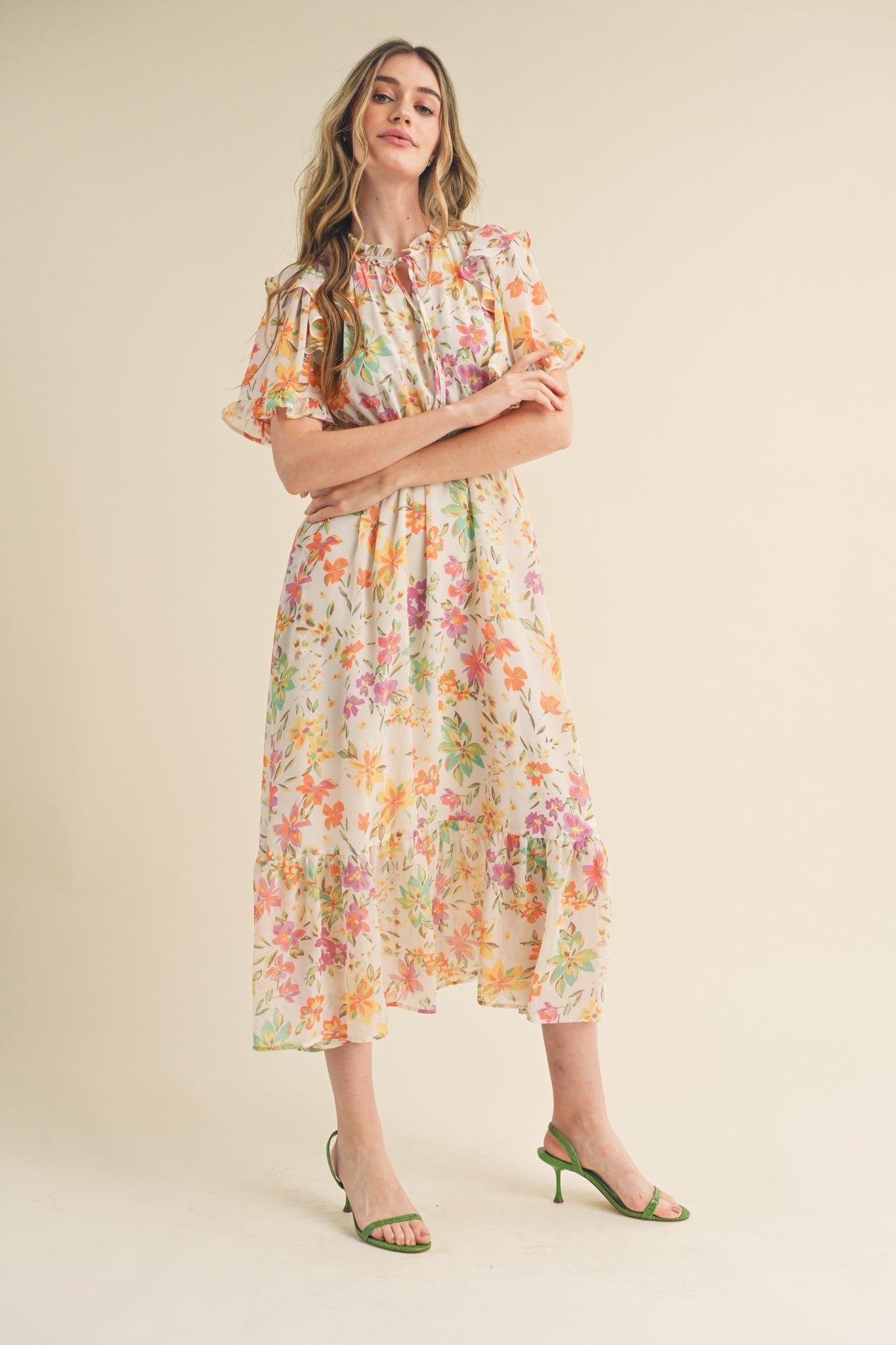 Ivory Floral Ruffle Accent Maternity Midi Dress