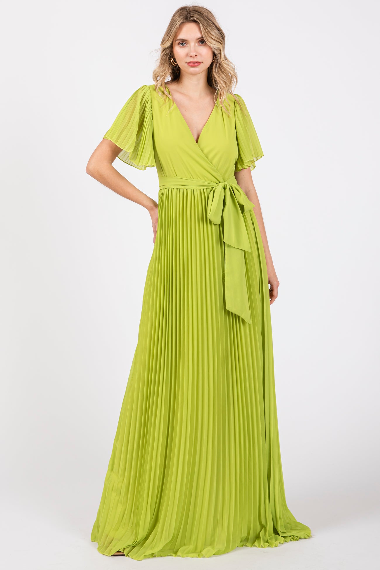 Lime Chiffon Wrap Front V-Neck Short Sleeve Pleated Maternity Maxi Dress