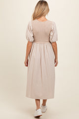 Beige Ribbed Bodice Puff Sleeve Maternity Midi Dress