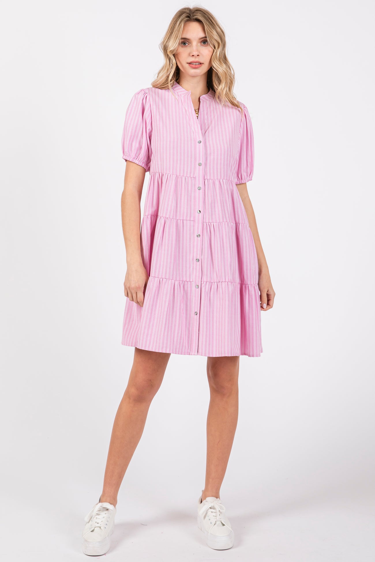 Pink Striped Button Down Tiered Dress