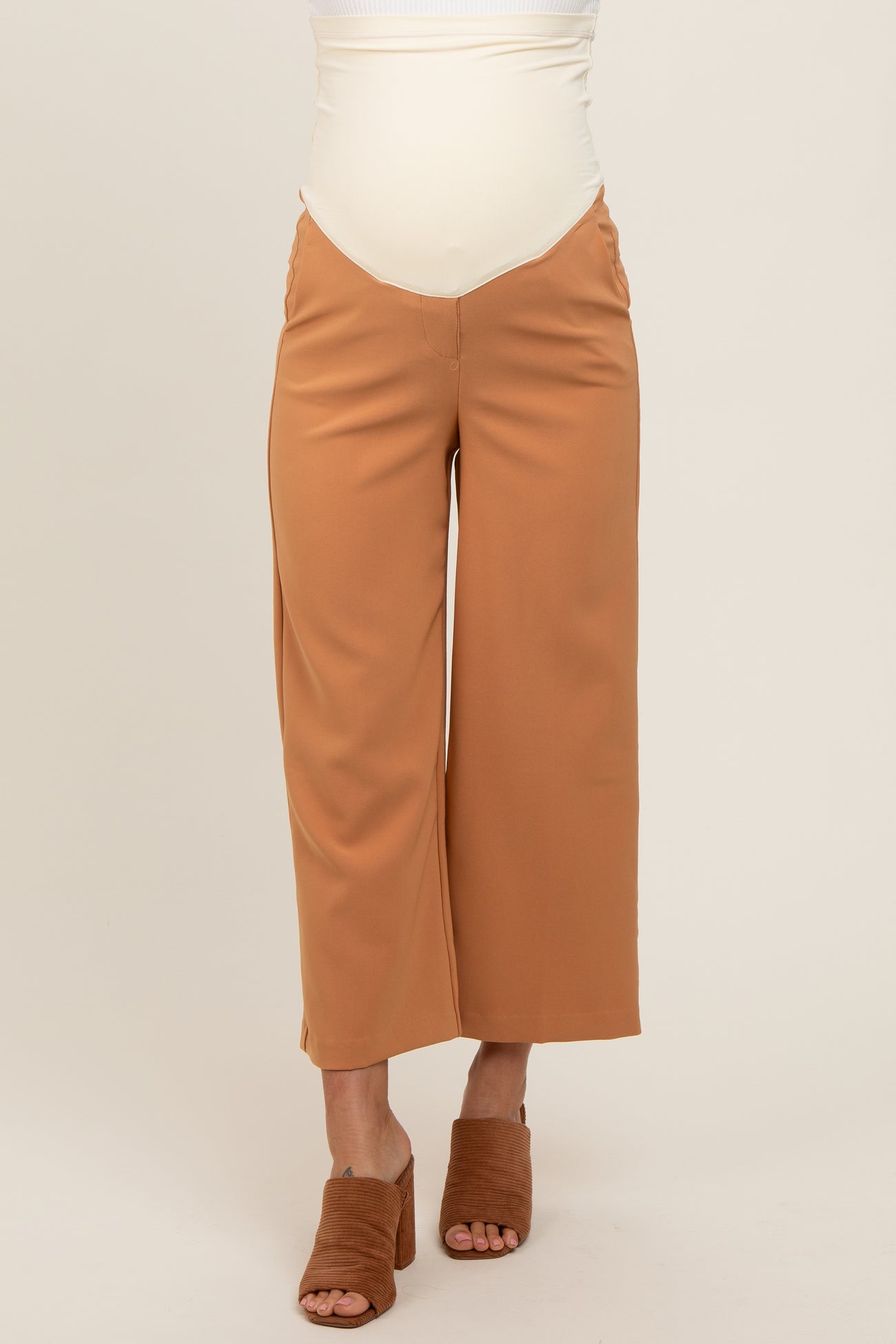 Camel Cropped Wide Leg Maternity Trousers