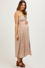 Beige Ditsy Floral Side Slit Maternity Midi Dress