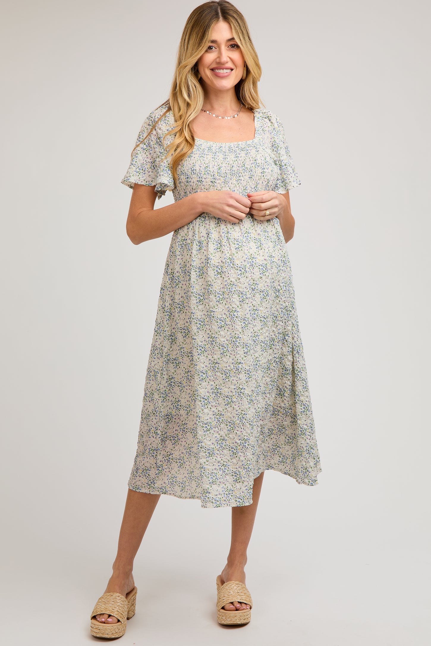 White Floral Square Neck Smocked Maternity Midi Dress