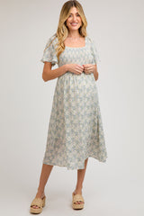 White Floral Square Neck Smocked Maternity Midi Dress