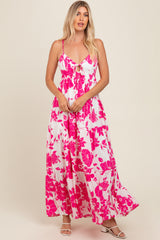 Fuchsia Tropical Floral Open Back Maternity Maxi Dress