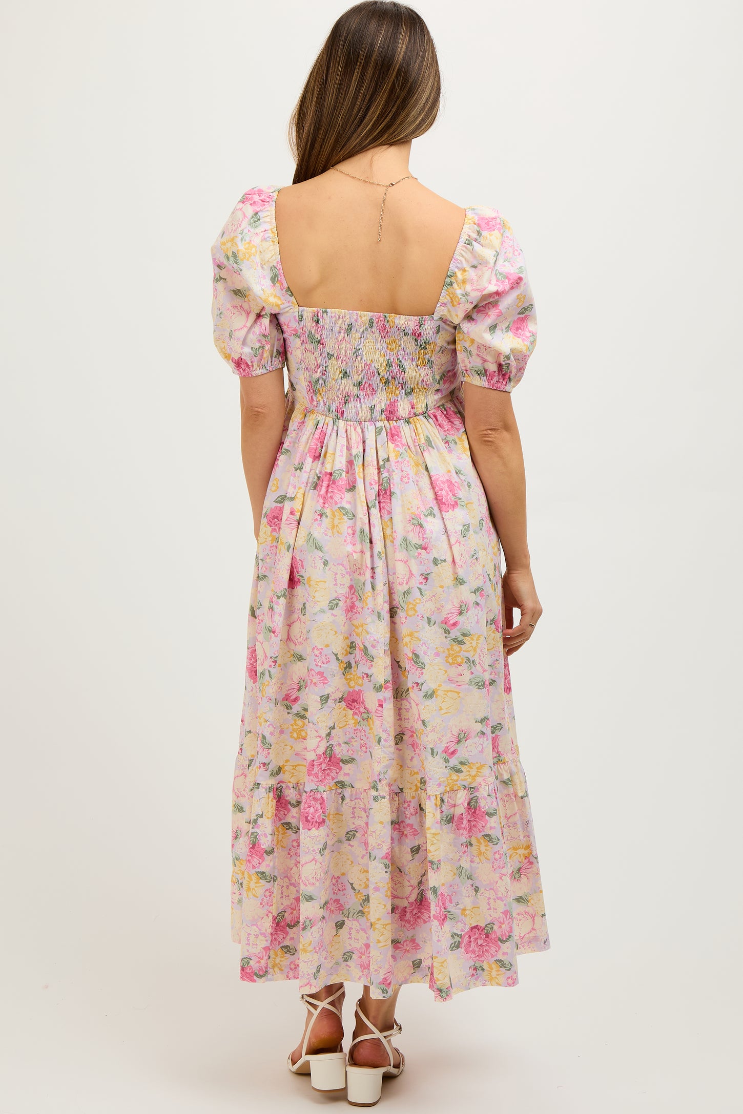 Lavender Floral Pleated Puff Sleeve Maternity Midi Dress