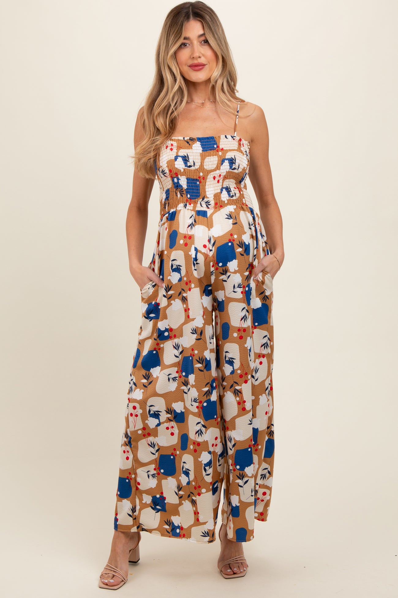 Taupe Leaf Print Smocked Wide Leg Maternity Jumpsuit