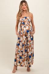 Taupe Leaf Print Smocked Wide Leg Maternity Jumpsuit